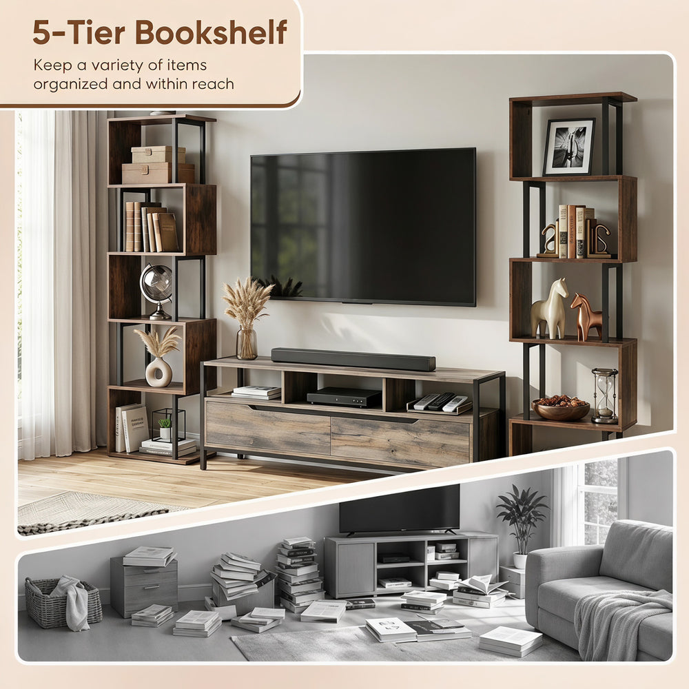 5-tier S-shaped bookshelf in rustic brown offers ample storage with open cubes, ideal for living room or office use.