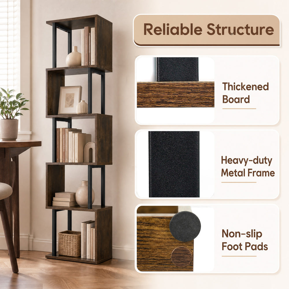5-tier S-shaped bookshelf in rustic brown features a heavy-duty metal frame and thickened board for durable storage.