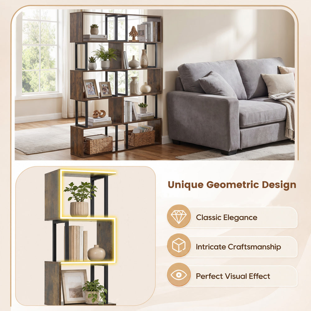 5-tier S-shaped bookshelf in rustic brown offers ample storage with a durable metal frame, ideal for living rooms and offices.