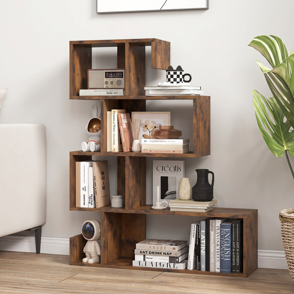 5-Tier S-Shaped Bookshelf Geometric Z-Shelf Bookcase with Open Cubes-Rustic Brown - Gallery View 1 of 10