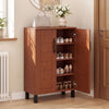5-tier wooden shoe storage cabinet in brown with open door, showcasing ample space for various footwear sizes.