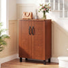 Freestanding wooden shoe storage cabinet in brown with 4-tier shelving, perfect for entryways and hallways.