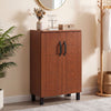 Freestanding wooden shoe storage cabinet in brown with 4-tier shelving, metal handles, and spacious countertop for.