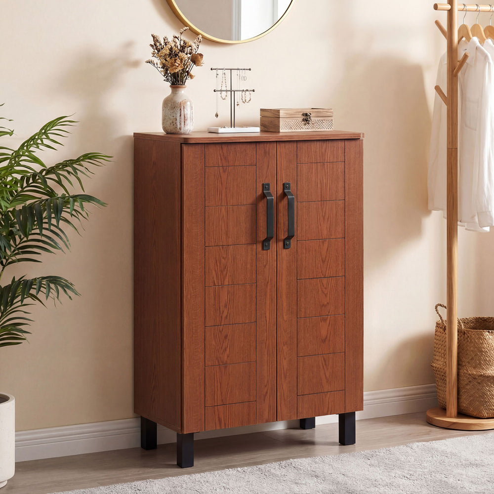 Freestanding wooden shoe storage cabinet in brown with 4-tier shelving, metal handles, and spacious countertop for.