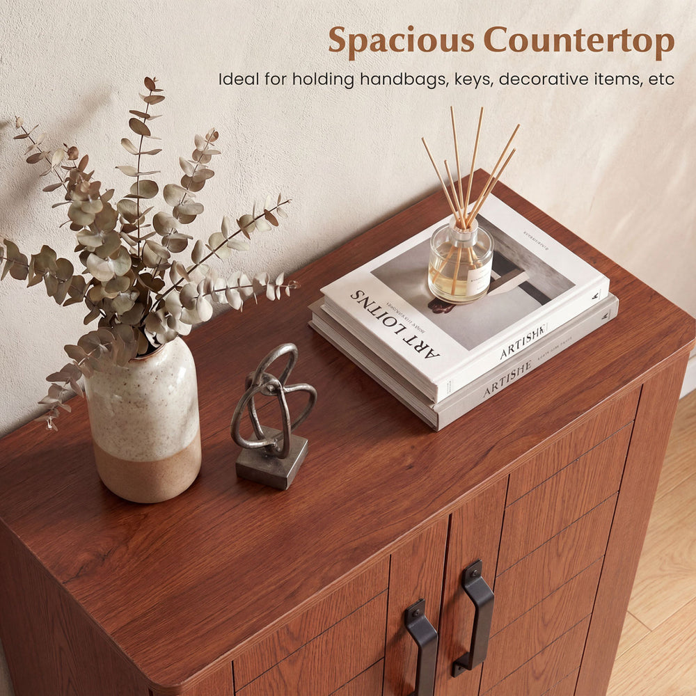 Spacious countertop of the brown 5-tier shoe storage cabinet, ideal for handbags and decorative items.