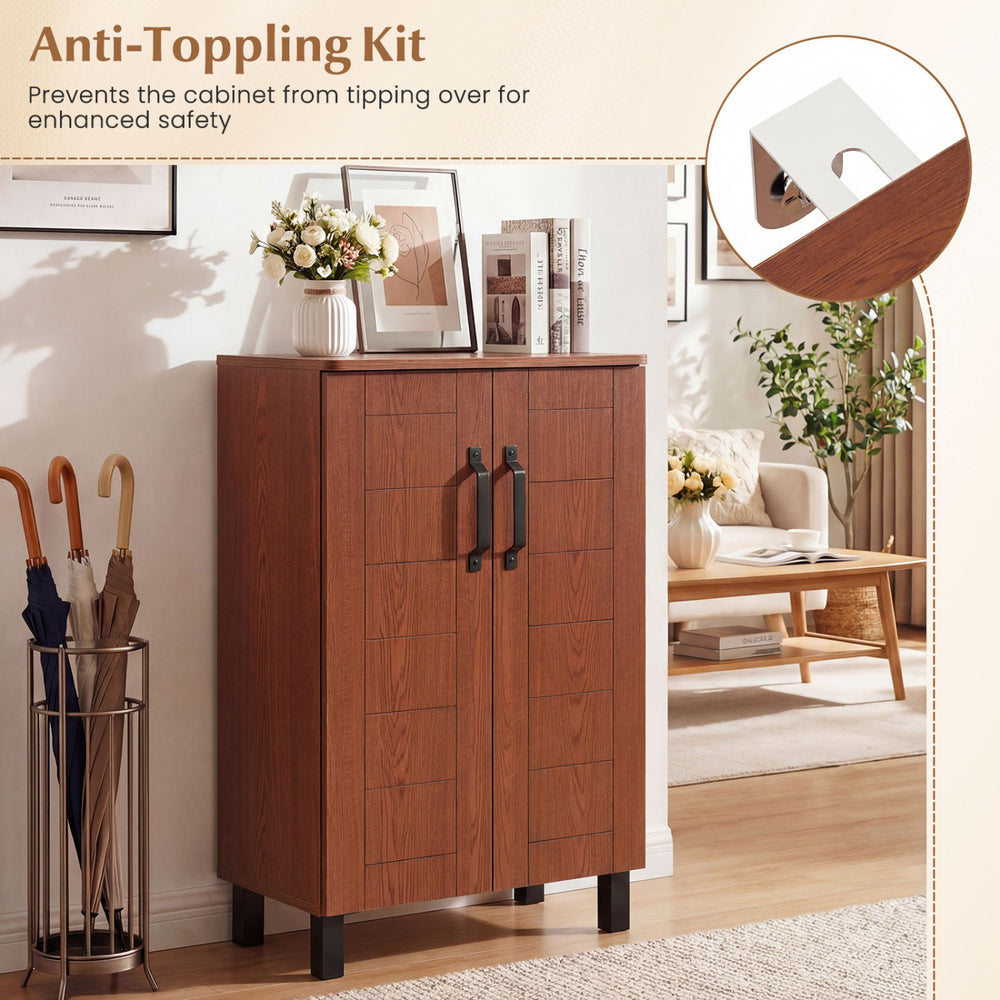Freestanding wooden shoe storage cabinet in brown with anti-toppling kit, ideal for entryways and hallways.
