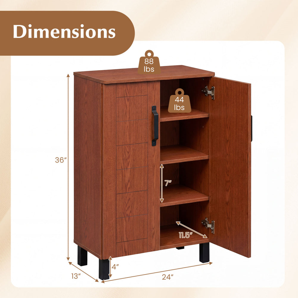 5-tier wooden shoe storage cabinet in brown with dimensions, featuring detachable shelves and sturdy construction for.