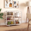 5-tier storage organizer with a metal frame, featuring open shelving and a spacious top for versatile use in any room.