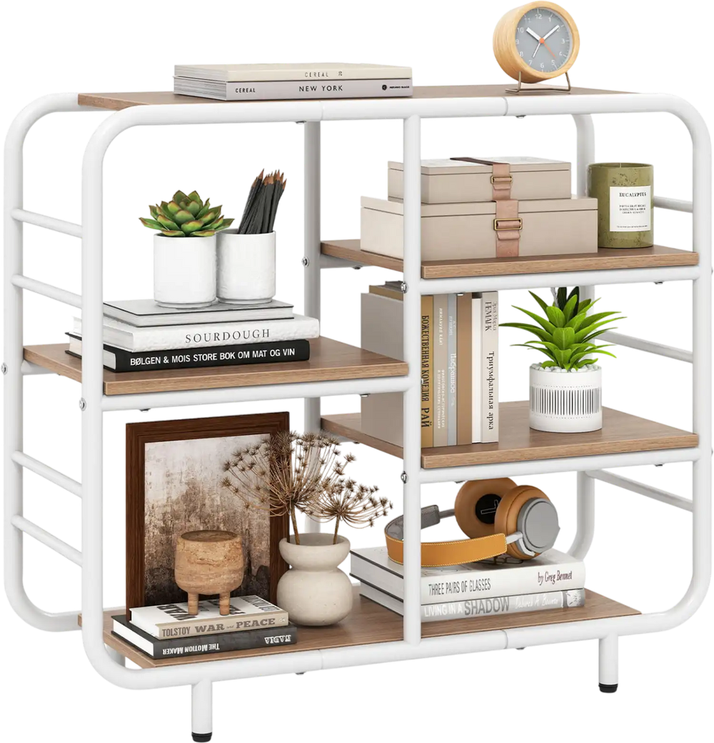 5-tier open bookshelf with a metal frame and natural wood shelves, ideal for living room or kitchen storage.