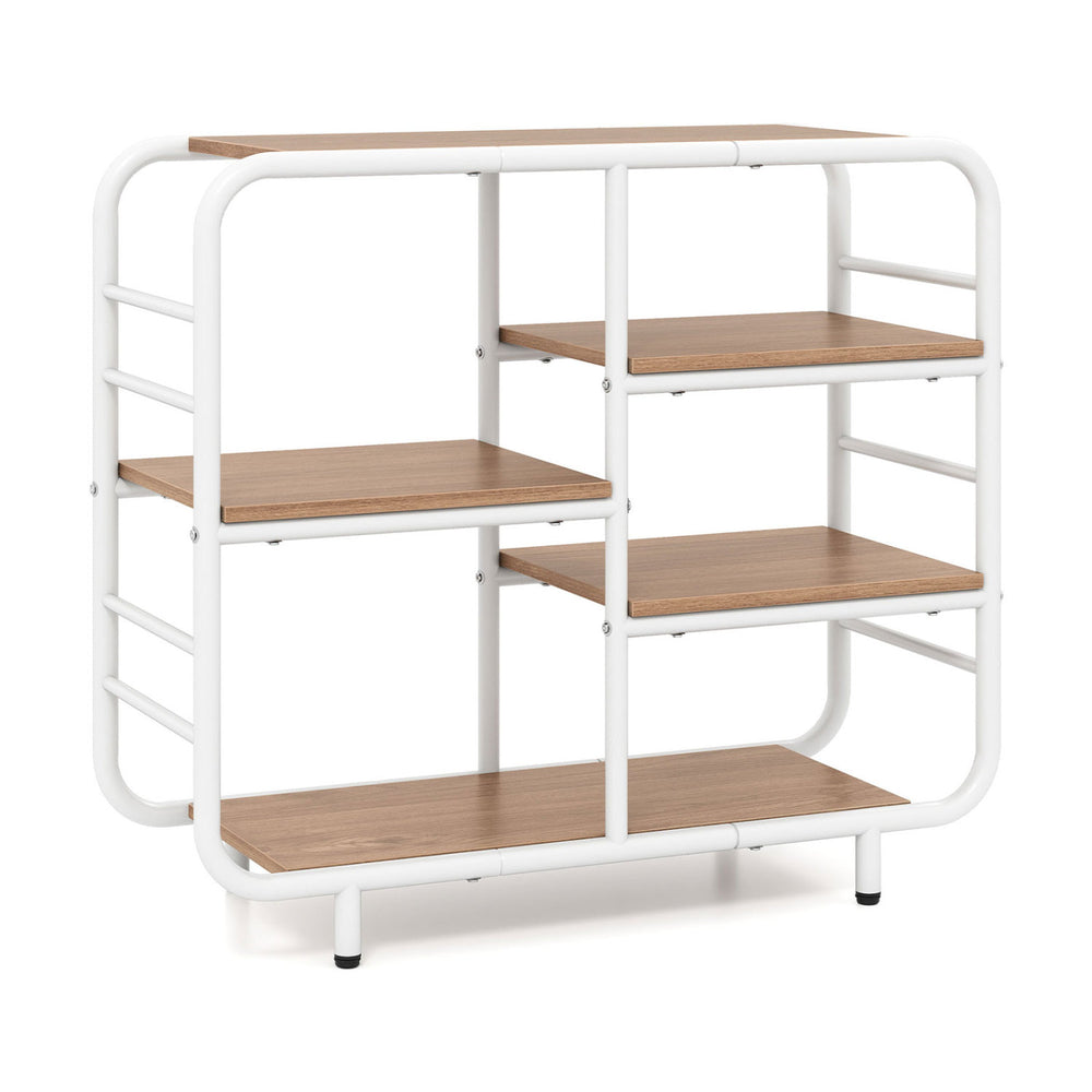5-tier storage organizer bookshelf with a natural wood finish and white metal frame, ideal for living room or kitchen.