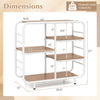 5-tier storage organizer bookshelf with a metal frame, featuring dimensions and a natural wood finish for versatile use.