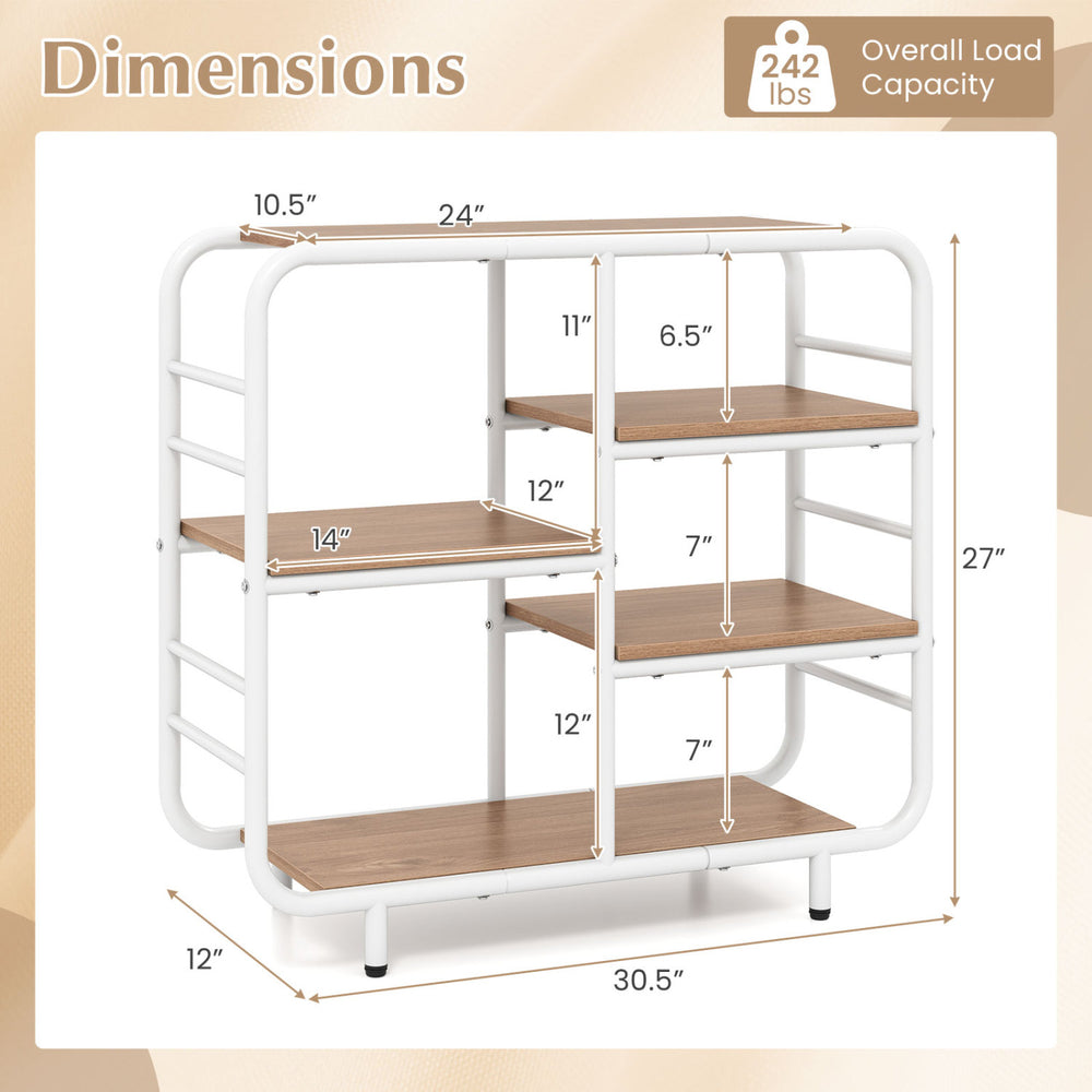 5-tier storage organizer bookshelf with a metal frame, featuring dimensions and a natural wood finish for versatile use.