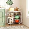 5-tier storage organizer with metal frame, featuring open shelving and protective corners for kitchen or living room.