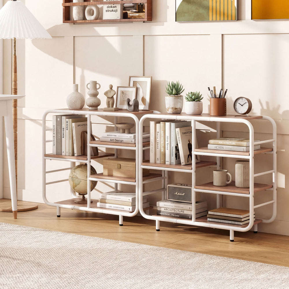 5-tier storage organizer bookshelf with a metal frame, featuring open shelving for versatile use in any room.