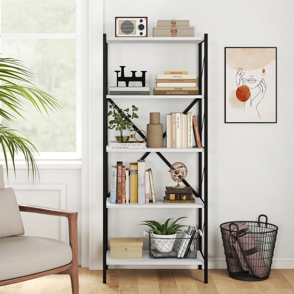 5-tier tall bookshelf featuring a heavy-duty metal frame and X-braced design, perfect for stylish organization in any room.
