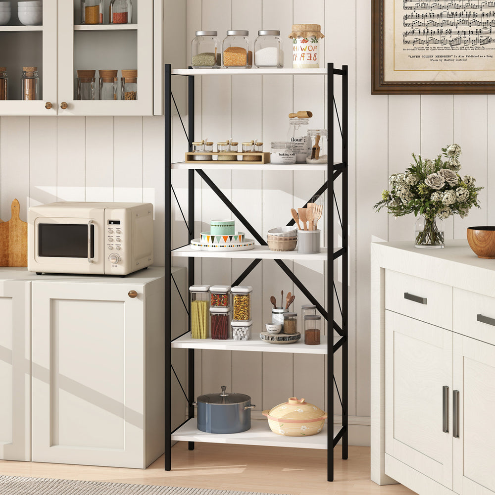 5-tier tall bookshelf showcasing a modern design with white shelves, perfect for versatile storage in any indoor setting.