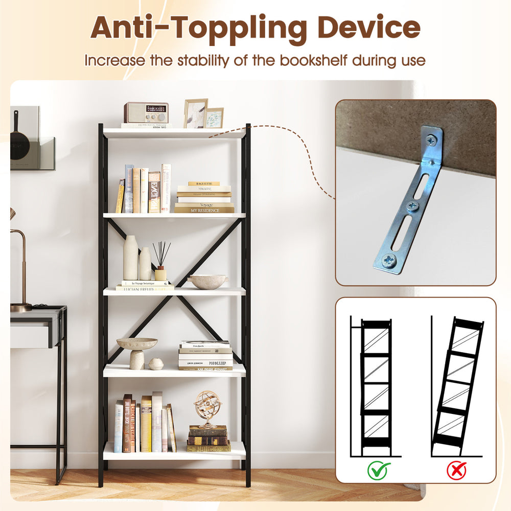 5-tier tall bookshelf with heavy-duty metal frame and anti-toppling device, ideal for living room or home office storage.