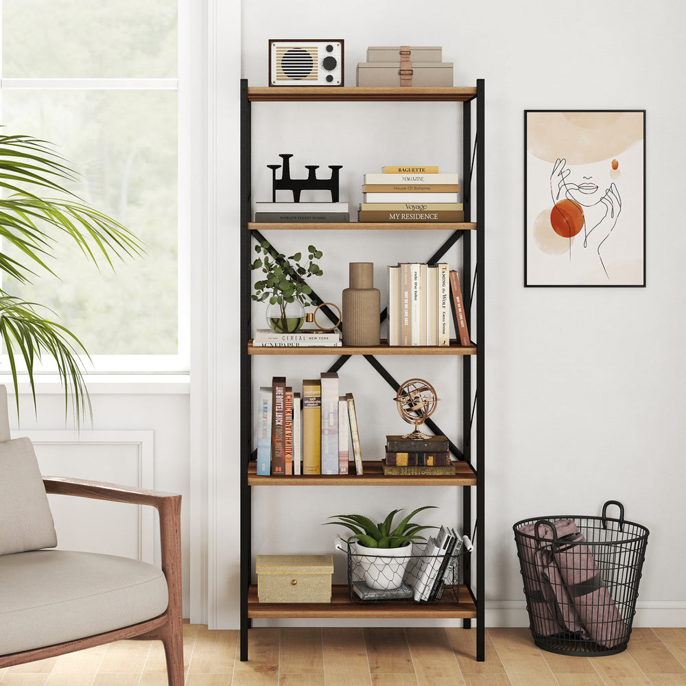 5-Tier Tall Bookshelf Industrial Bookcase with Heavy-Duty Metal Frame Modern Storage-Walnut - Gallery View 1 of 10