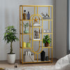 5-tier tall etagere bookcase with open shelves, gold metal frame, ideal for living room or as a stylish room divider.
