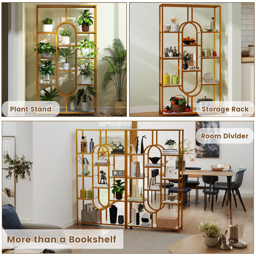 5-tier tall etagere bookcase with u-shaped design, open shelves, and powder-coated metal frame for versatile storage.