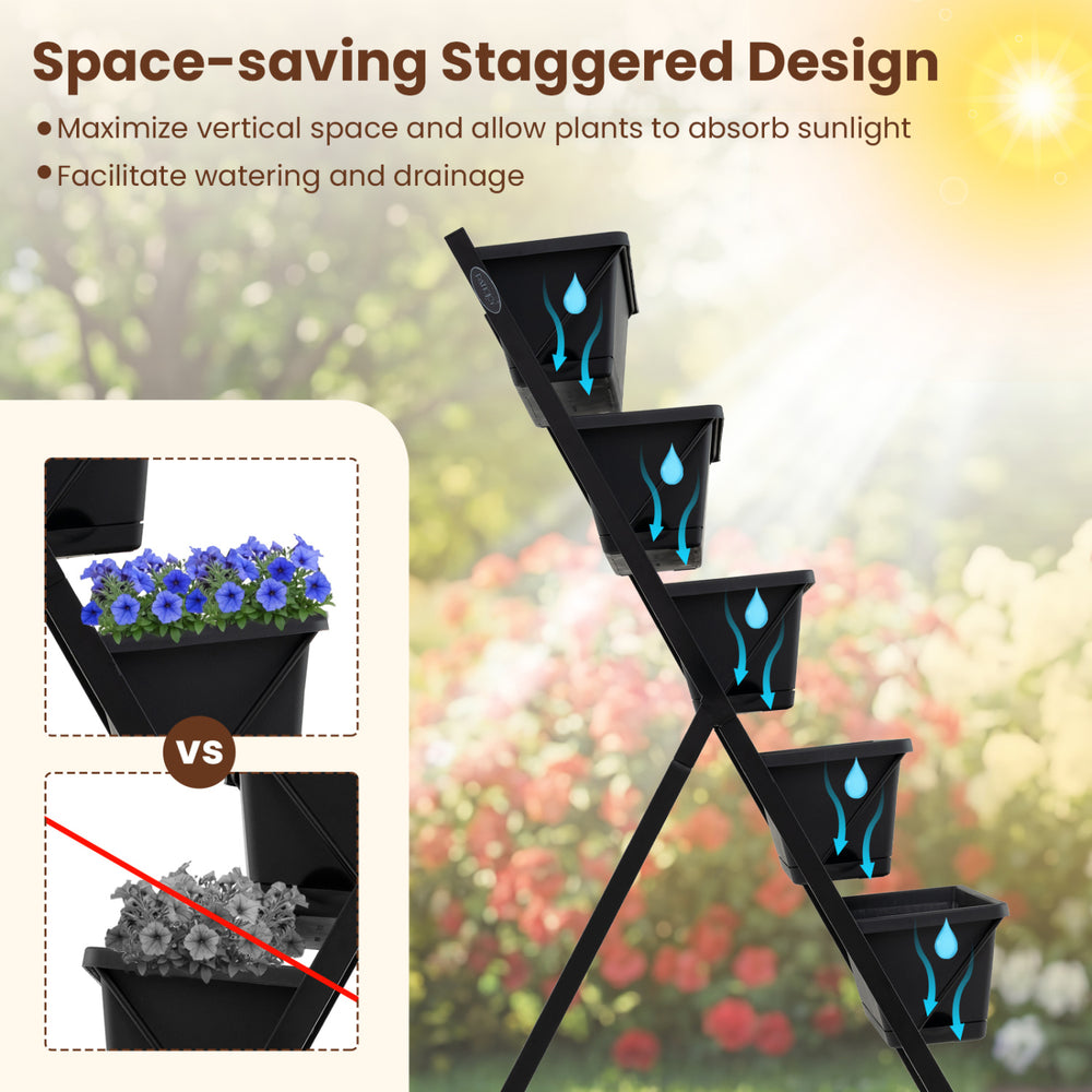 5-tier vertical raised garden bed with wheels, staggered design for optimal sunlight and drainage in backyard gardening.