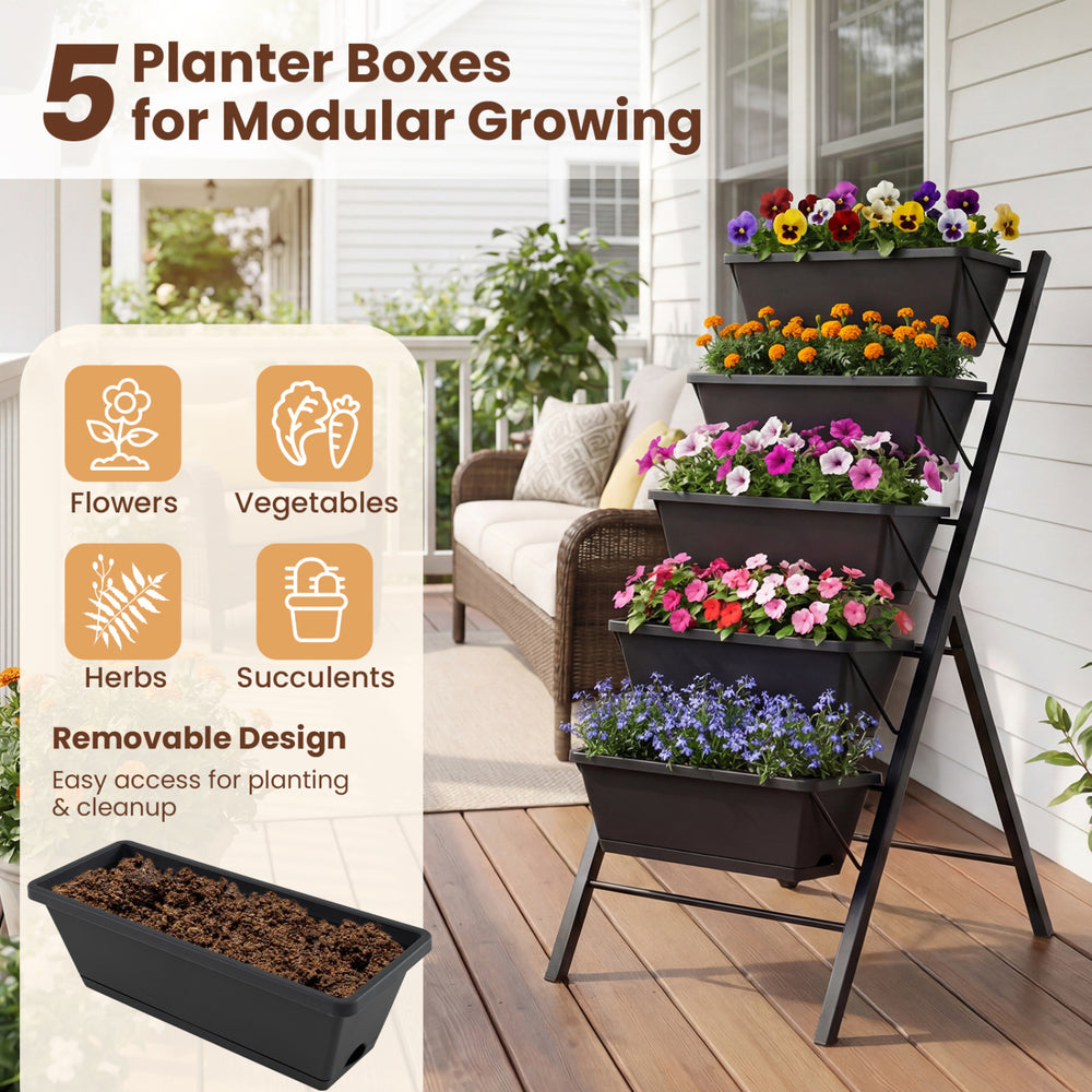 5-tier vertical raised garden bed showcasing removable planter boxes and drainage holes, perfect for modular patio.