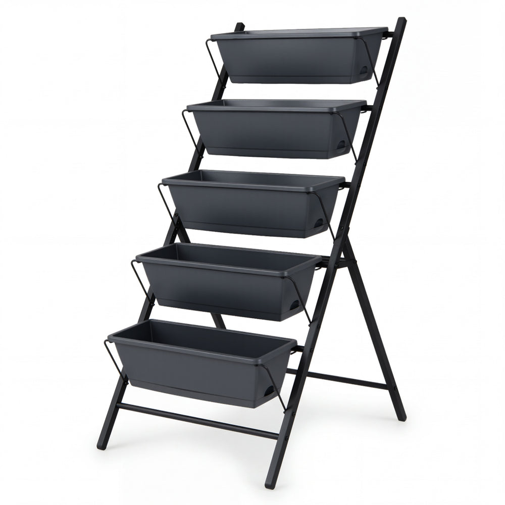 5-tier vertical raised garden bed in black with detachable trays, ideal for indoor and outdoor vegetable planting.