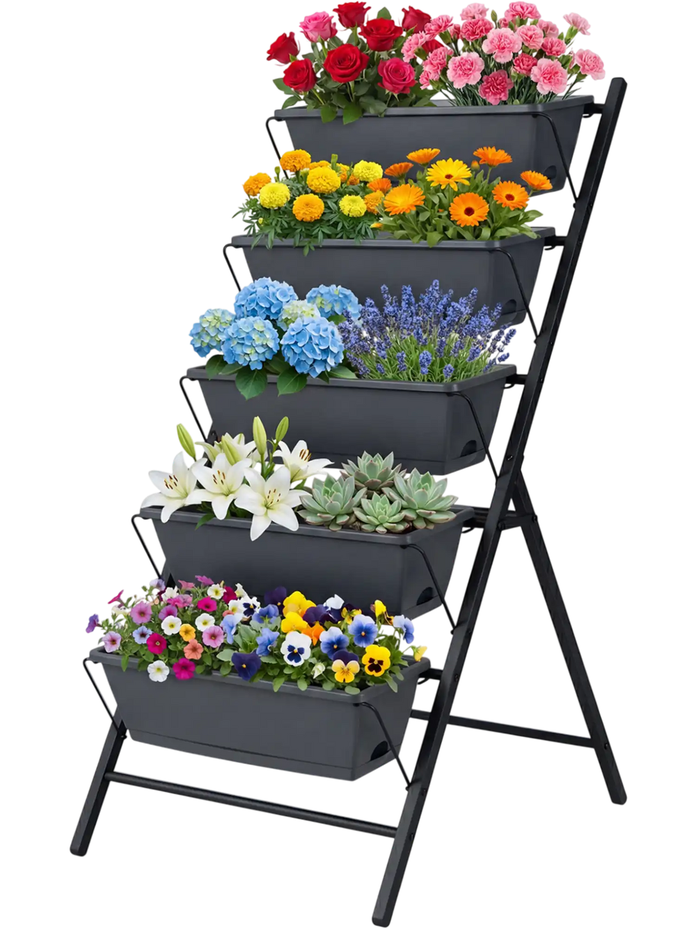 5-tier vertical raised garden bed in black showcasing removable trays filled with vibrant flowers for decorative indoor.