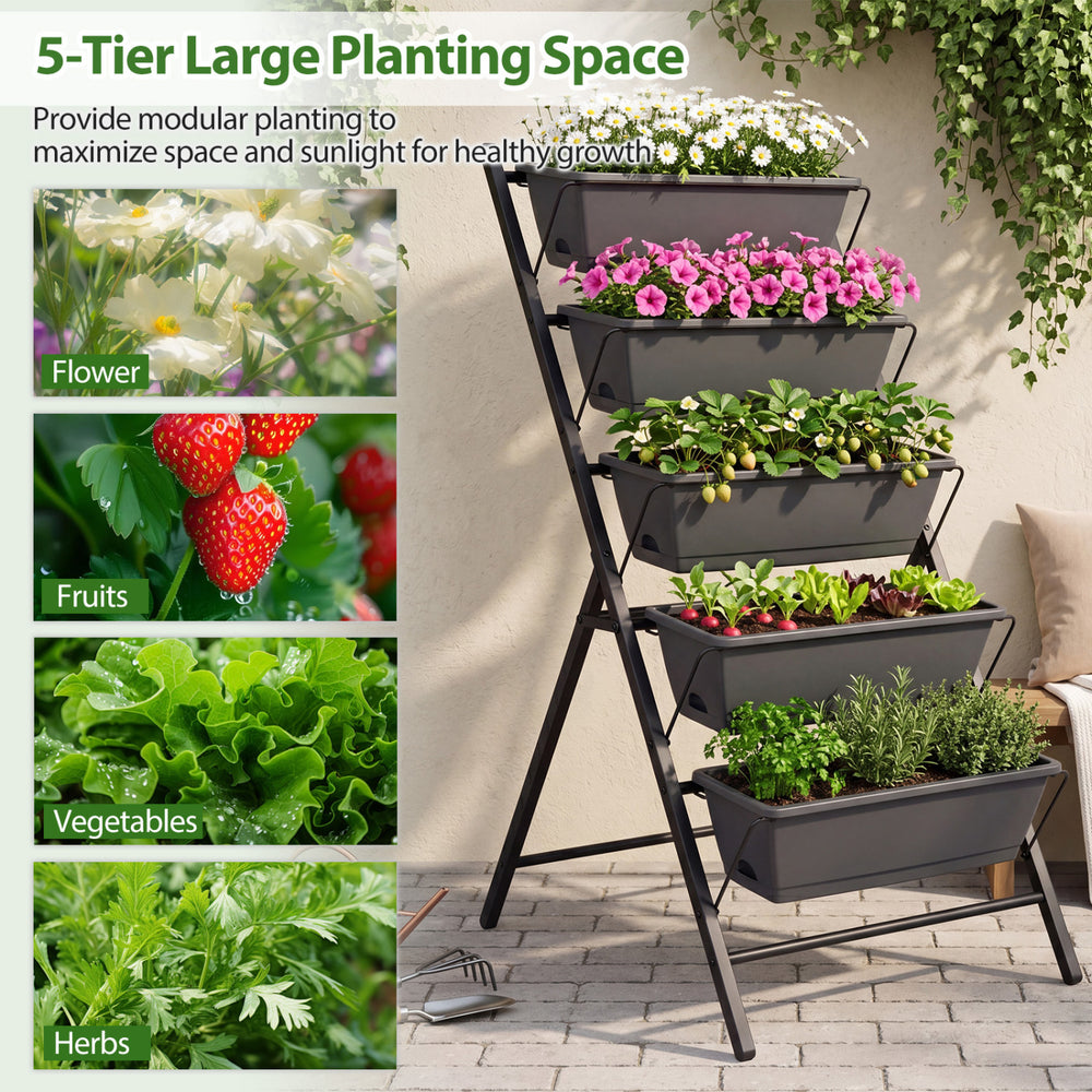 5-tier vertical raised garden bed in black with detachable trays, ideal for growing vegetables and maximizing sunlight.