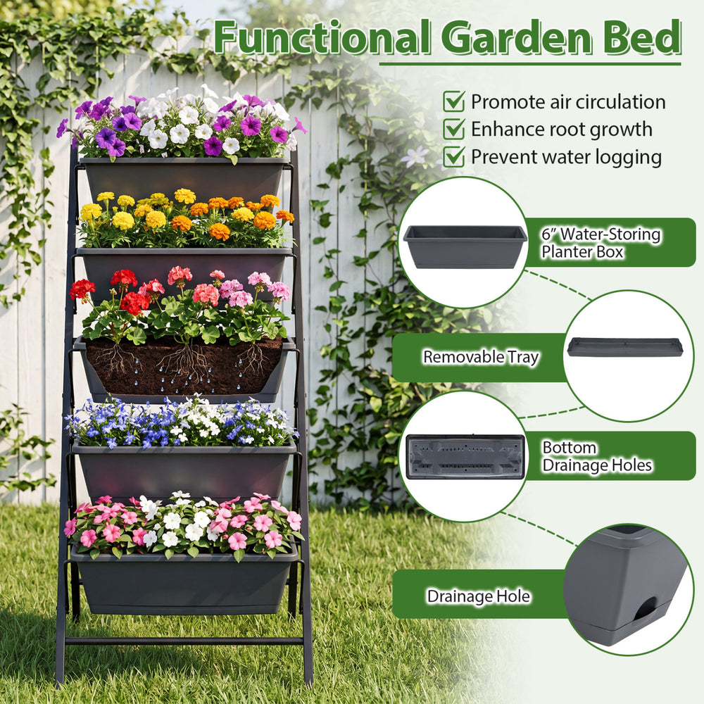 5-tier vertical raised garden bed in black with removable trays and drainage system for efficient plant growth.