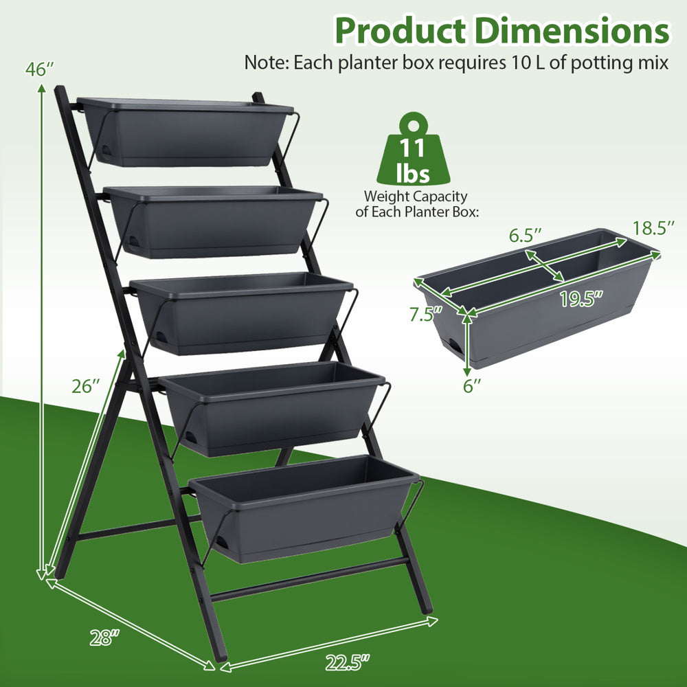 5-tier vertical raised garden bed in black with removable trays, designed for efficient watering and drainage.