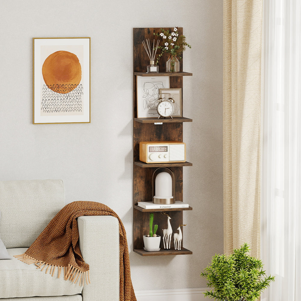 Side view of the 5-tier wall-mounted shelf unit in rustic brown, showcasing its compact design for stylish space-saving.