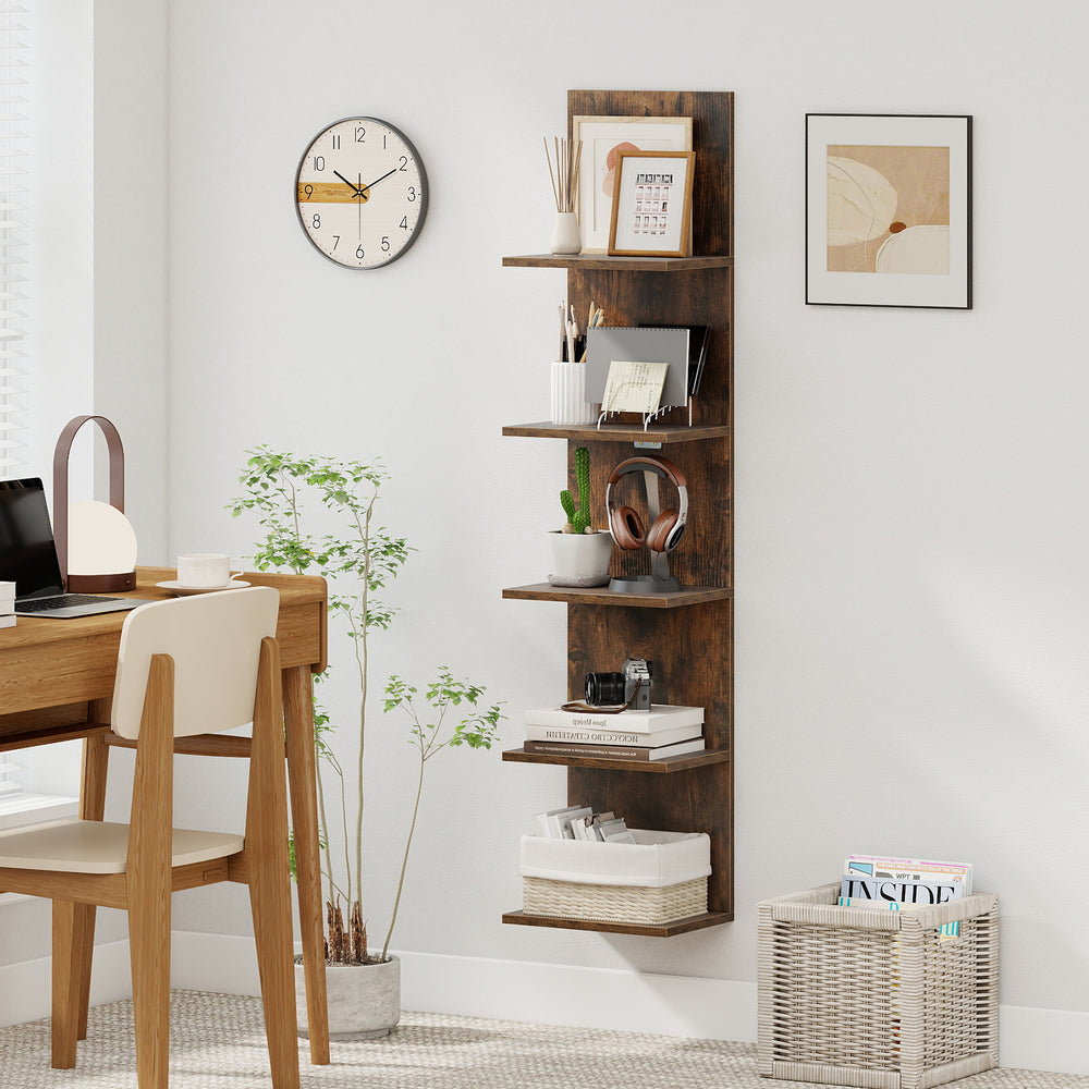 Front view of the 5-tier wall-mounted shelf unit in rustic brown, featuring stylish design and ample storage for any.