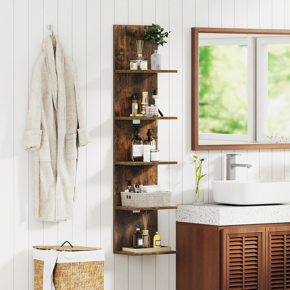 Close-up of the wood grain texture on the 5-tier wall-mounted shelf unit in rustic brown, enhancing its natural.