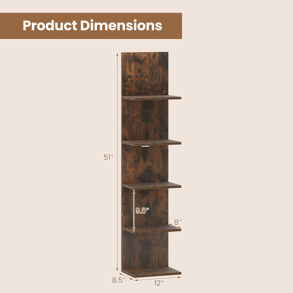 5-tier wall-mounted shelf unit in rustic brown with 9.5" spacing, ideal for versatile storage in any room.