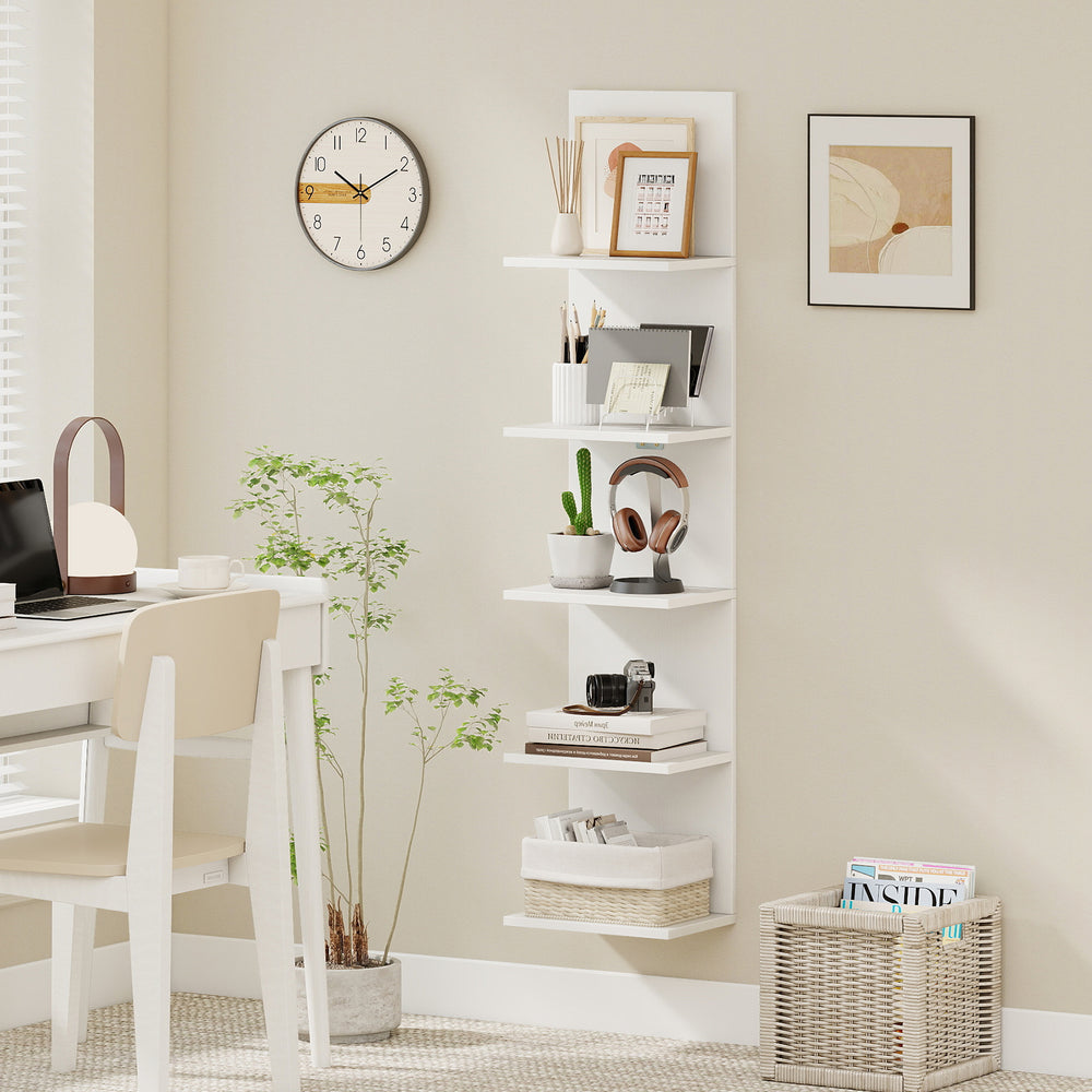 5-Tier Wall Mounted Shelf Unit with Wood Grain-White - Gallery View 1 of 10
