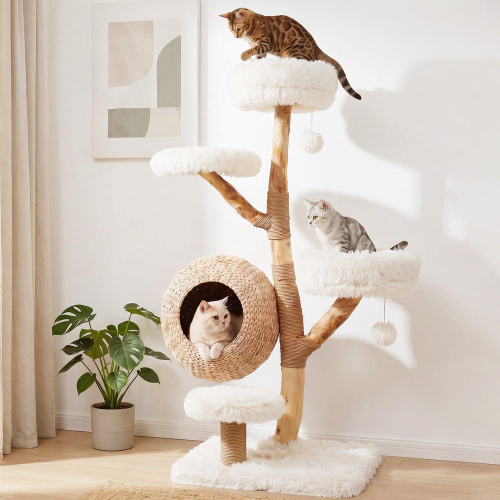 5-Tier Wooden Cat Tree with Woven Condo Plush Perches Jute Posts & Balls-White - Gallery View 1 of 10