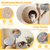 5-tier wooden cat tree featuring a hand-woven condo and plush perches, perfect for climbing and cozy lounging.