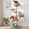 Close-up of the woven condo on the 5-tier cat tree, providing a cozy and private space for cats to relax in gray.