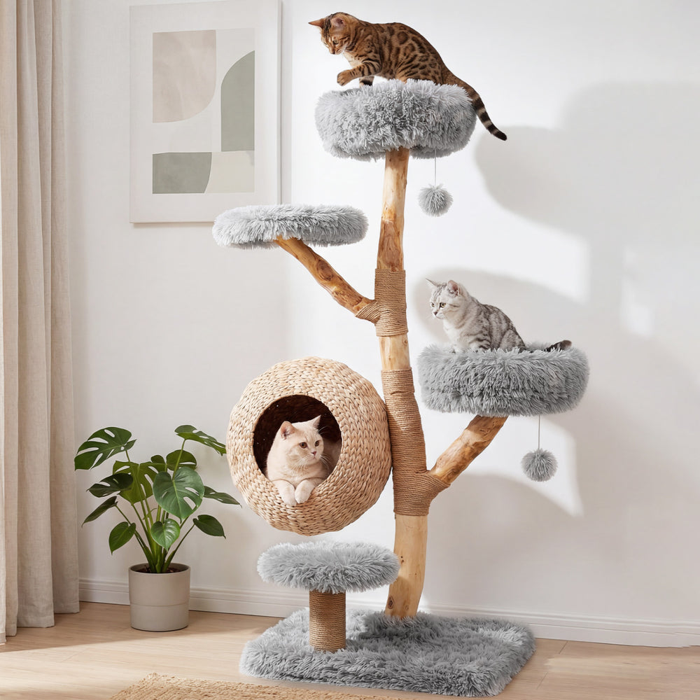 Close-up of the woven condo on the 5-tier cat tree, providing a cozy and private space for cats to relax in gray.