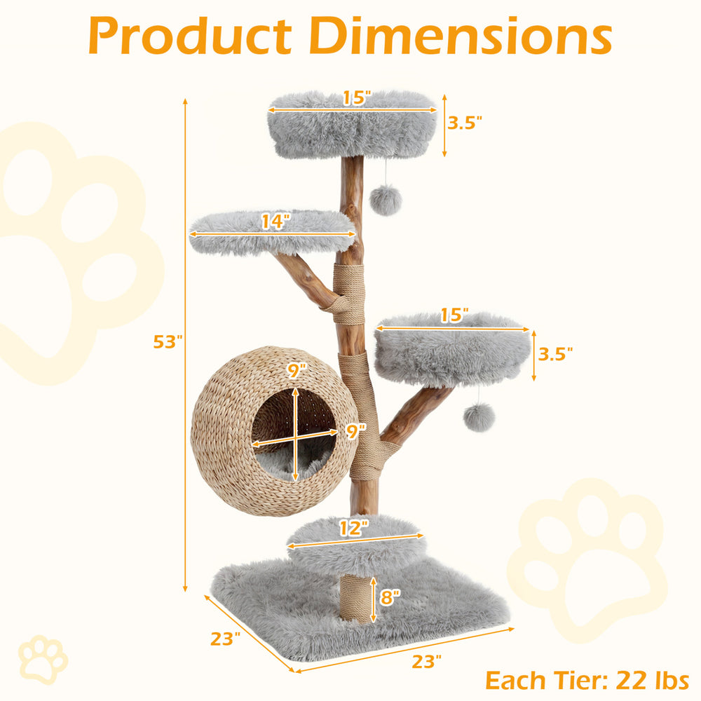 5-tier wooden cat tree with plush perches and woven condo, featuring jute posts and hanging toys for active play.