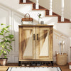 5-tier wooden farmhouse shoe cabinet with woven rattan doors, metal handles, and removable shelves for stylish entryway.