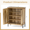5-tier wooden farmhouse shoe cabinet with woven rattan doors, featuring dimensions and removable shelves for flexible.