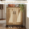 5-tier wooden farmhouse shoe cabinet with woven rattan doors, offering rustic charm and flexible shoe storage for.