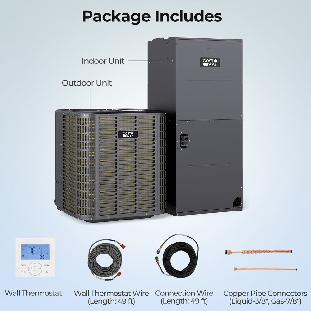5 Ton 17 SEER2 heat pump system with indoor and outdoor units, wall thermostat, and flexible installation options.