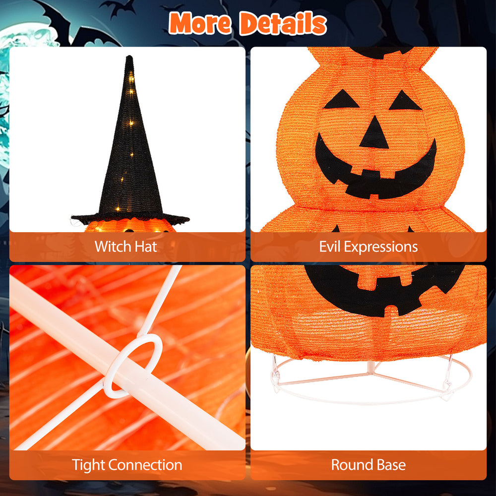 Stacked pumpkins with witch hat, featuring LED lights and a round base for secure Halloween yard decoration.
