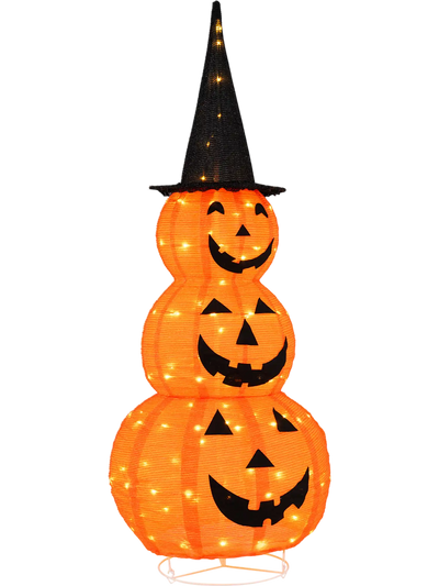 Costway 5' Lighted Stacked Pumpkins Halloween Decoration with Witch Hat 24873596 New