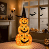 Lighted stacked pumpkin decoration with witch hat, featuring 100 LED lights, ideal for Halloween yard decor.