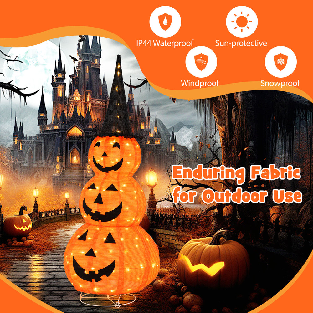 5 feet lighted stacked pumpkins with witch hat, featuring 100 LED lights, ideal for outdoor Halloween decoration.