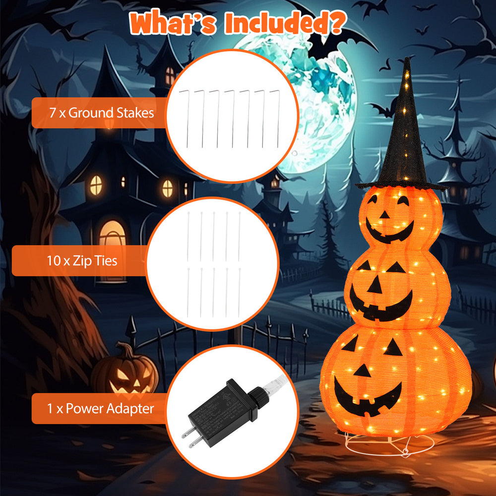 5 feet lighted stacked pumpkins Halloween decoration with witch hat, includes 7 ground stakes and 10 zip ties for.